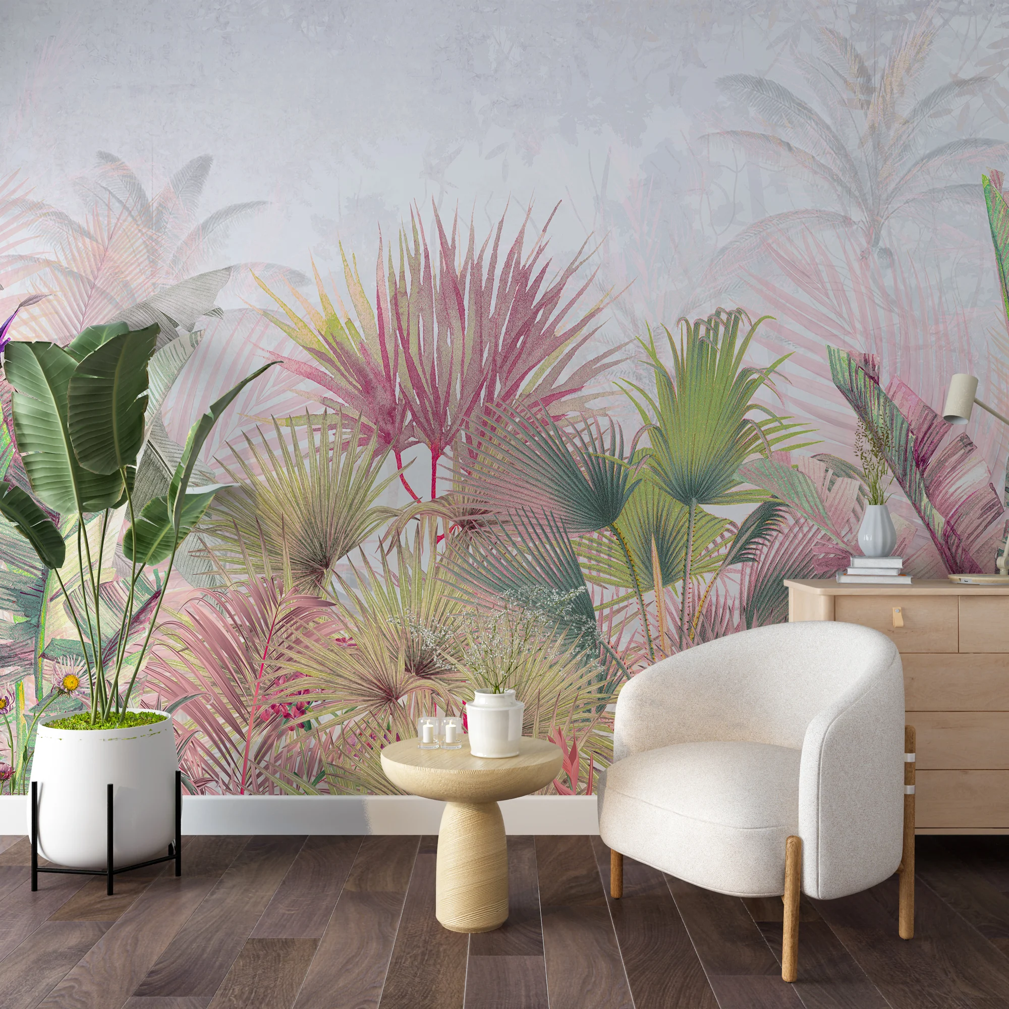 Colorful Pastel Tropical Leaves Wallpaper, Pastel Pink And Green Botanical Oasis Peel & Stick Wall Mural