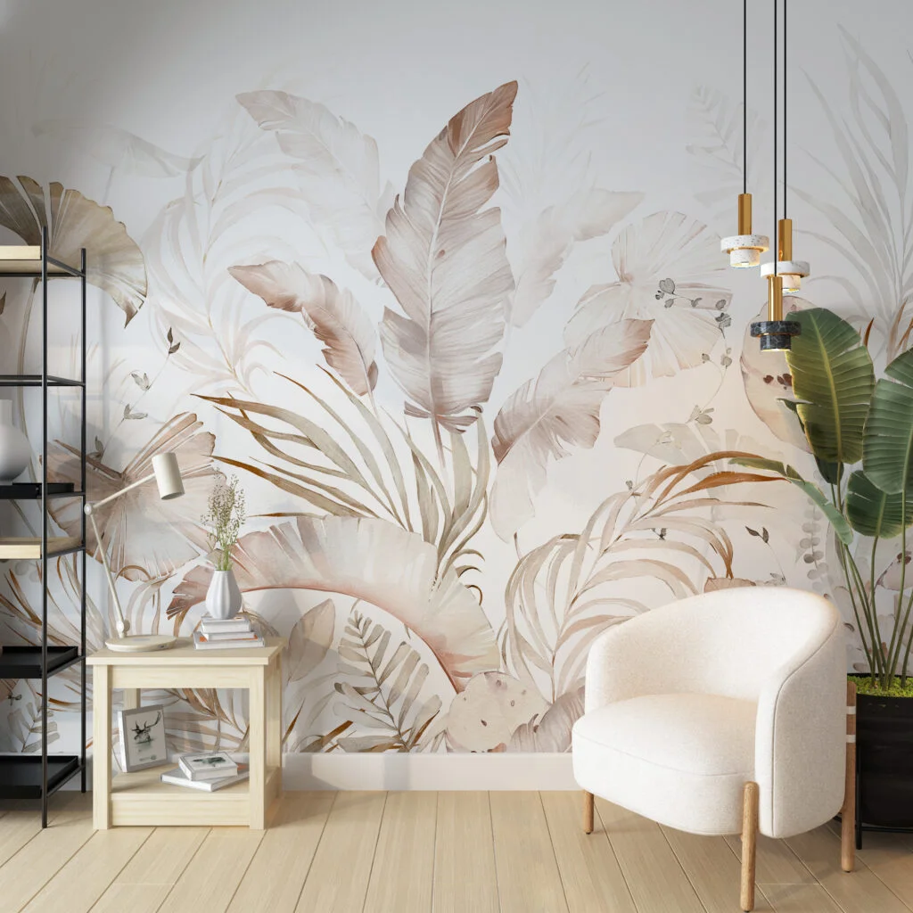 Ethereal Beige Botanical Leaf Wallpaper, Watercolor Effect Natural Leaves Peel & Stick Wall Mural