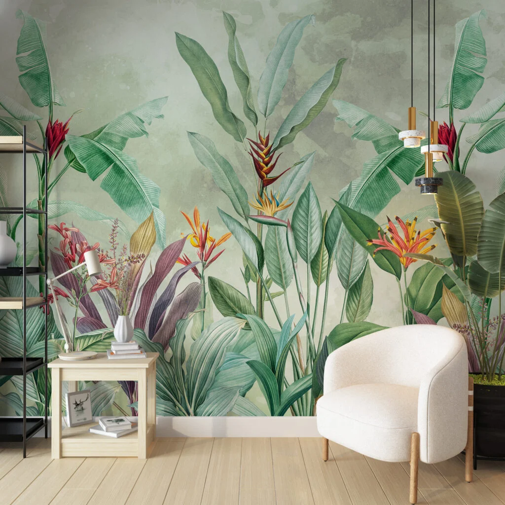 Large Vintage Colorful Botanical Plants Wallpaper, Artful Tropical Leaves And Plants Peel & Stick Wall Mural