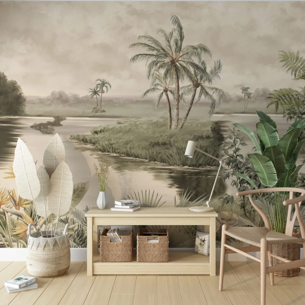 Vintage Tropical Riverside Wallpaper, Soft Tropical River Landscape Illustration Peel & Stick Wall Mural