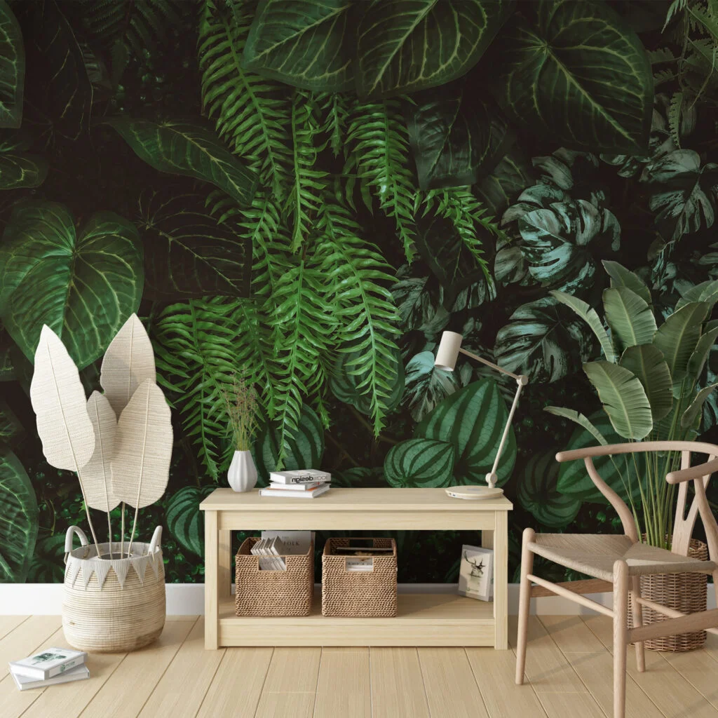 Enigmatic Forest Leaves Wallpaper, Tropical Dark Green Plants And Leaves Peel & Stick Wall Mural