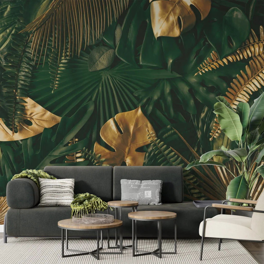 Large Tropical Dark Green And Golden Leaves Wallpaper, Luxe Tropical Leaf Design Peel & Stick Wall Mural