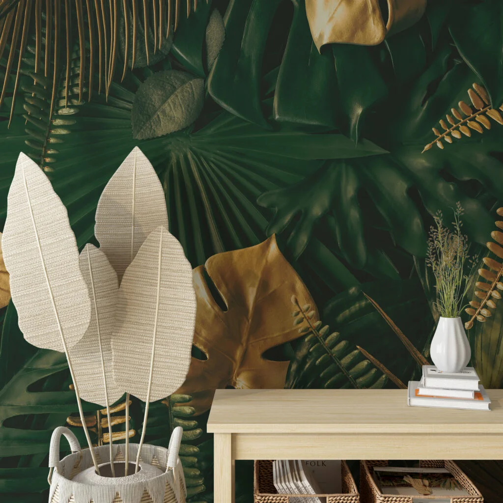 Large Tropical Dark Green And Golden Leaves Wallpaper, Luxe Tropical Leaf Design Peel & Stick Wall Mural