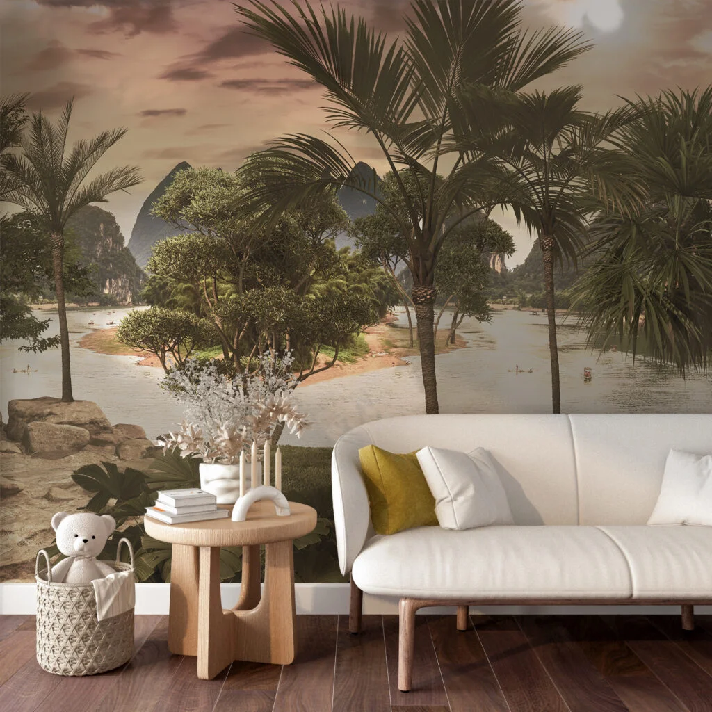 Sunset Palms Riverside Wallpaper, Exotic Landscape Tropical Trees Peel & Stick Wall Mural