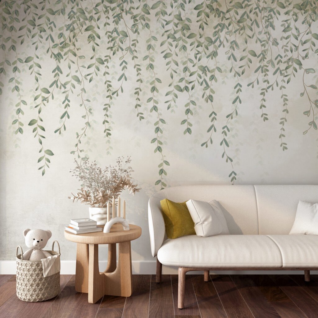 Tranquil Hanging Vines Illustration Wallpaper, Soft Backdrop With Leaves Peel & Stick Wall Mural