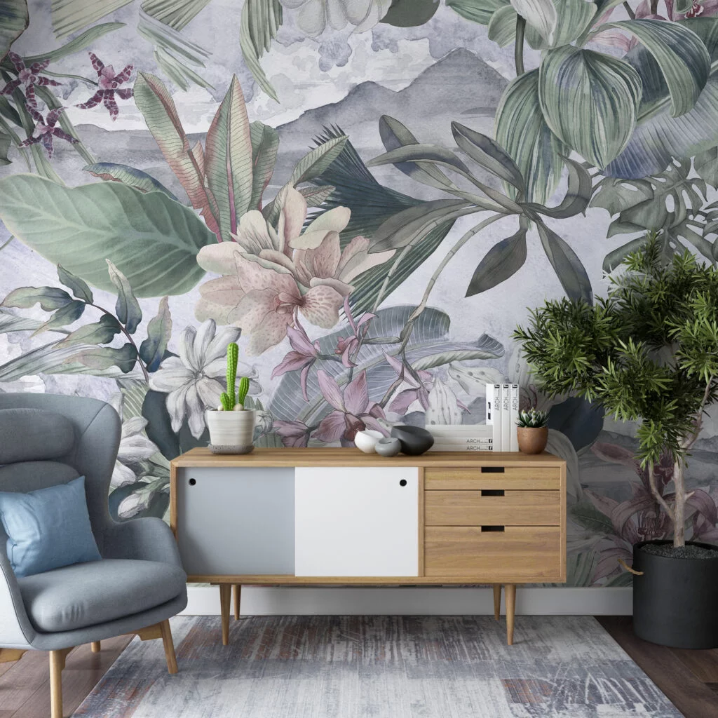 Serene Botanical Garden Florals Wallpaper, Large Cool-Toned Tropical Leaves Peel & Stick Wall Mural