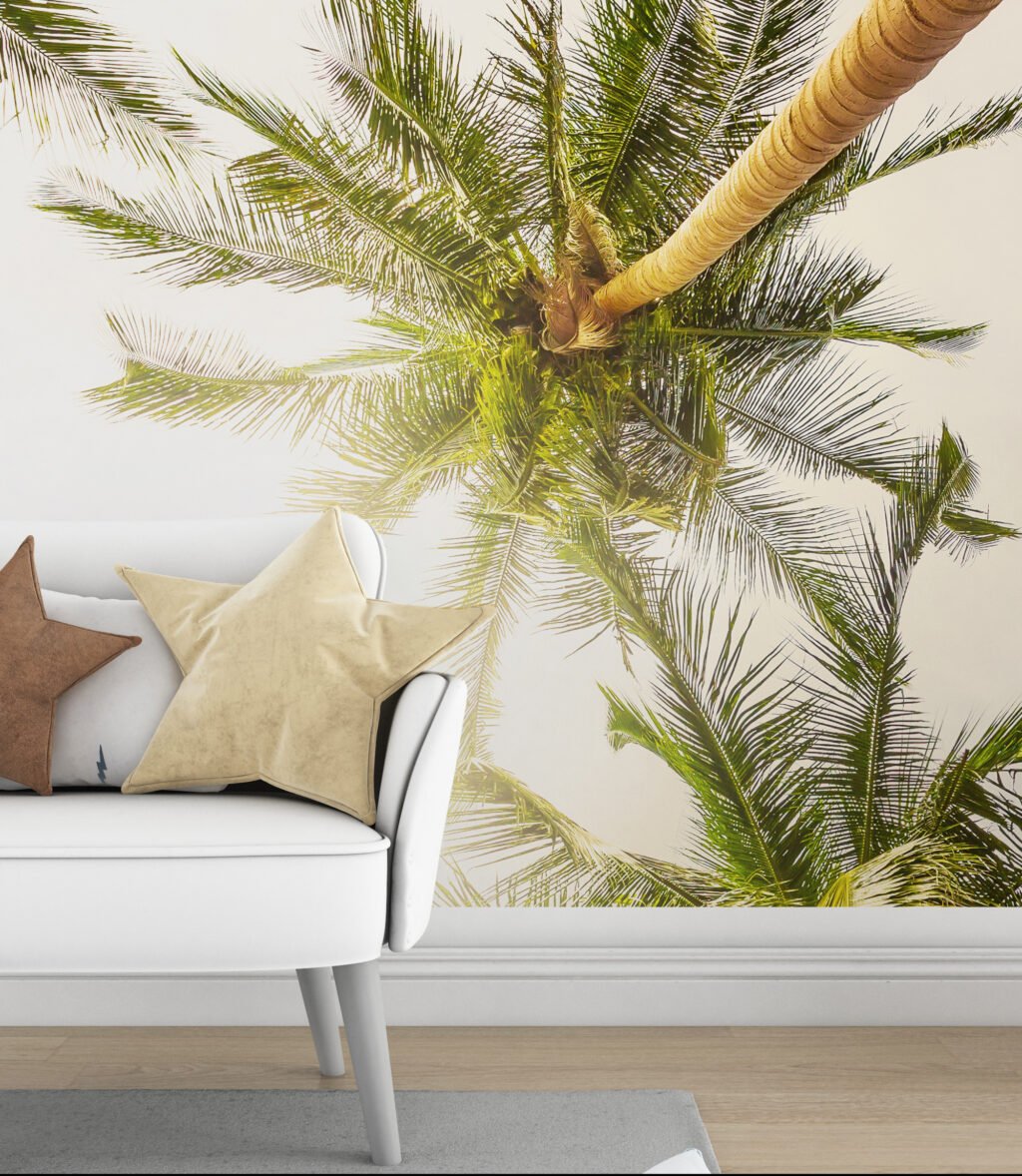 Sunny Tropical View Palm Trees Wallpaper, Low Angle Tropical Large Trees Peel & Stick Wall Mural