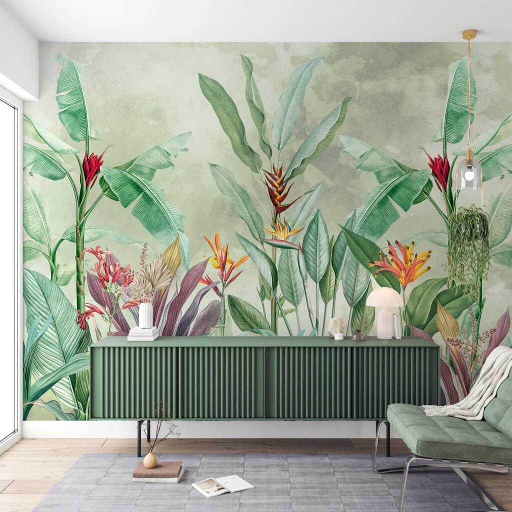 Large Vintage Colorful Botanical Plants Wallpaper, Artful Tropical Leaves And Plants Peel & Stick Wall Mural