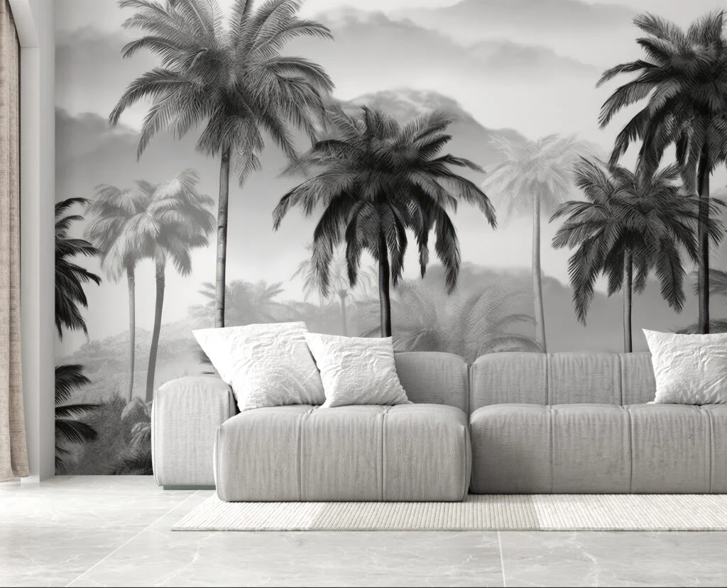 Misty Monochrome Palm Trees Wallpaper, Timeless Tropical Design Peel & Stick Wall Mural