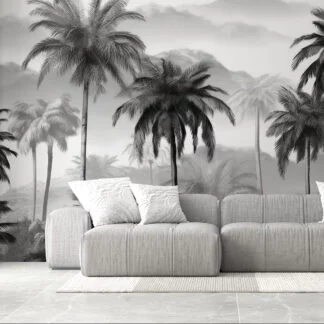 Misty Monochrome Palm Trees Wallpaper, Timeless Tropical Design Peel & Stick Wall Mural
