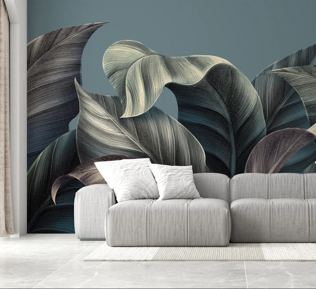 Dark Elegant Leaves With Drawn Line Art Wallpaper, Soothing Dark Colored Leaves Peel & Stick Wall Mural