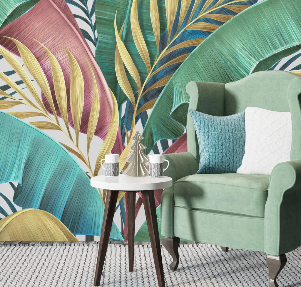 Artistic Pastel Large Colorful Leaves With Line Art Wallpaper, Tropical Leaves Design Peel & Stick Wall Mural