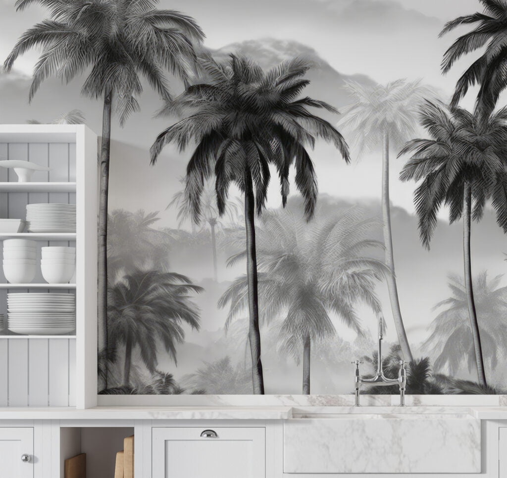 Misty Monochrome Palm Trees Wallpaper, Timeless Tropical Design Peel & Stick Wall Mural