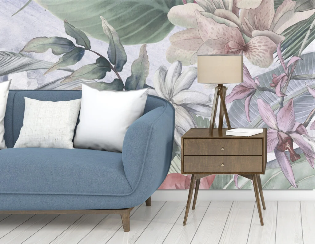 Serene Botanical Garden Florals Wallpaper, Large Cool-Toned Tropical Leaves Peel & Stick Wall Mural