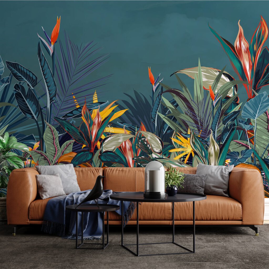 Large Tropical Illustration With A Blue Background Wallpaper, Vibrant Tropical Foliage Peel & Stick Wall Mural