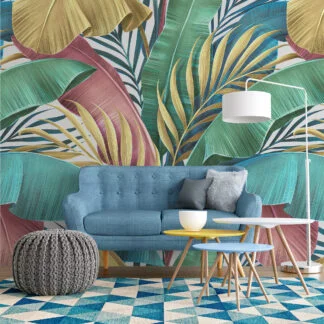 Artistic Pastel Large Colorful Leaves With Line Art Wallpaper, Tropical Leaves Design Peel & Stick Wall Mural