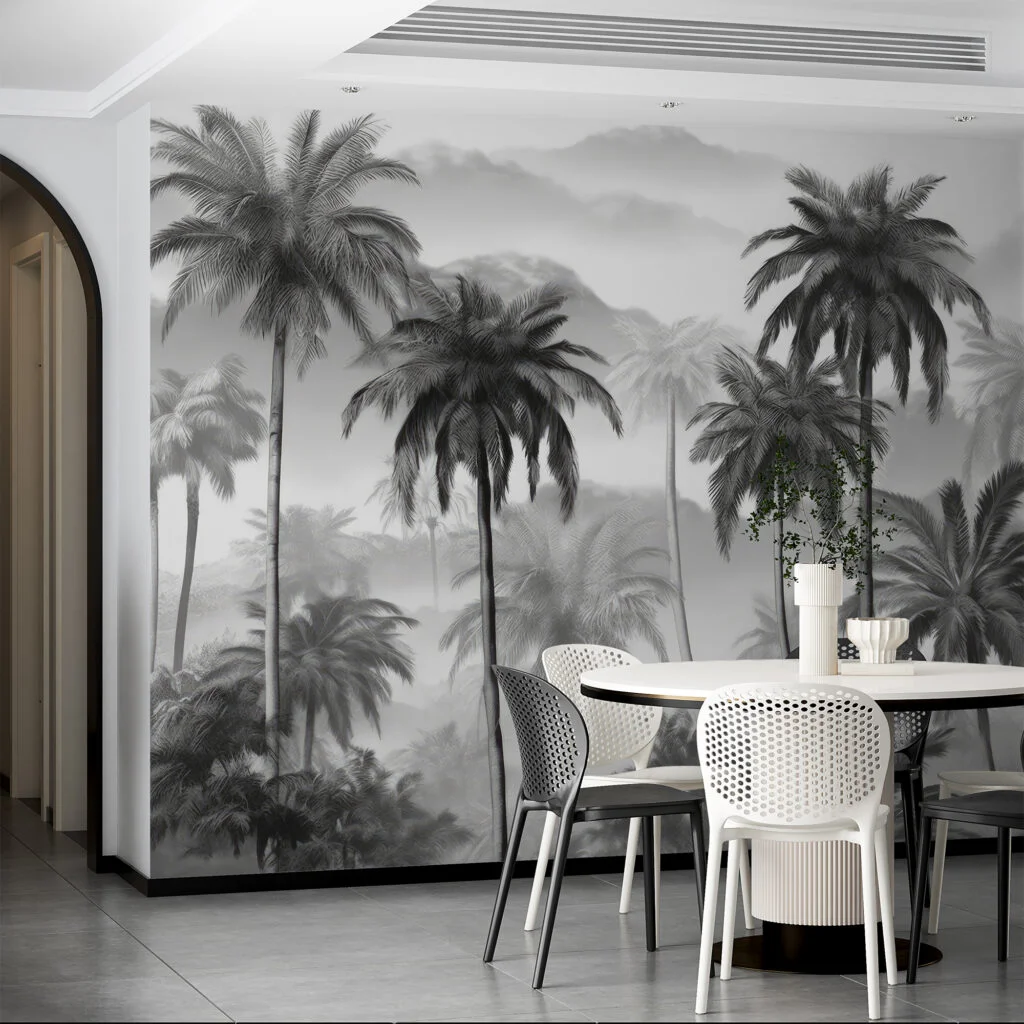 Misty Monochrome Palm Trees Wallpaper, Timeless Tropical Design Peel & Stick Wall Mural