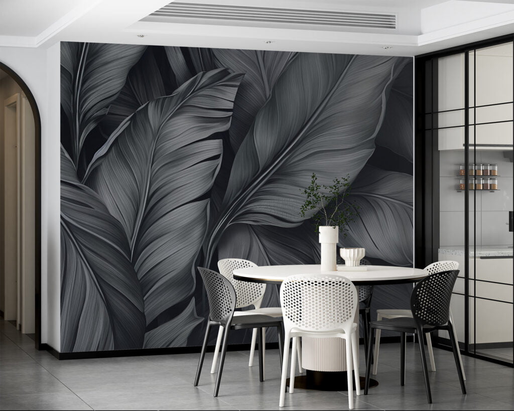 Large Dark Grey Colored Tropical Leaves Wallpaper, Monochrome Leaf Design Peel & Stick Wall Mural