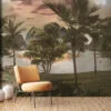 Sunset Palms Riverside Wallpaper, Exotic Landscape Tropical Trees Peel & Stick Wall Mural
