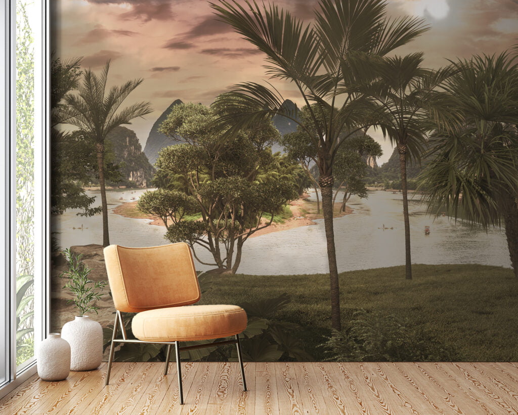 Sunset Palms Riverside Wallpaper, Exotic Landscape Tropical Trees Peel & Stick Wall Mural