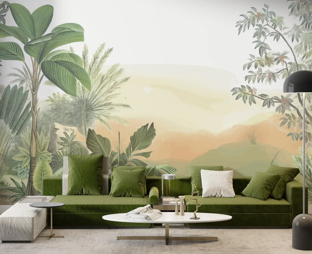 Soft Drawn Tropical Leaves Wallpaper, Sunset Tropical Retreat Illustration Peel & Stick Wall Mural