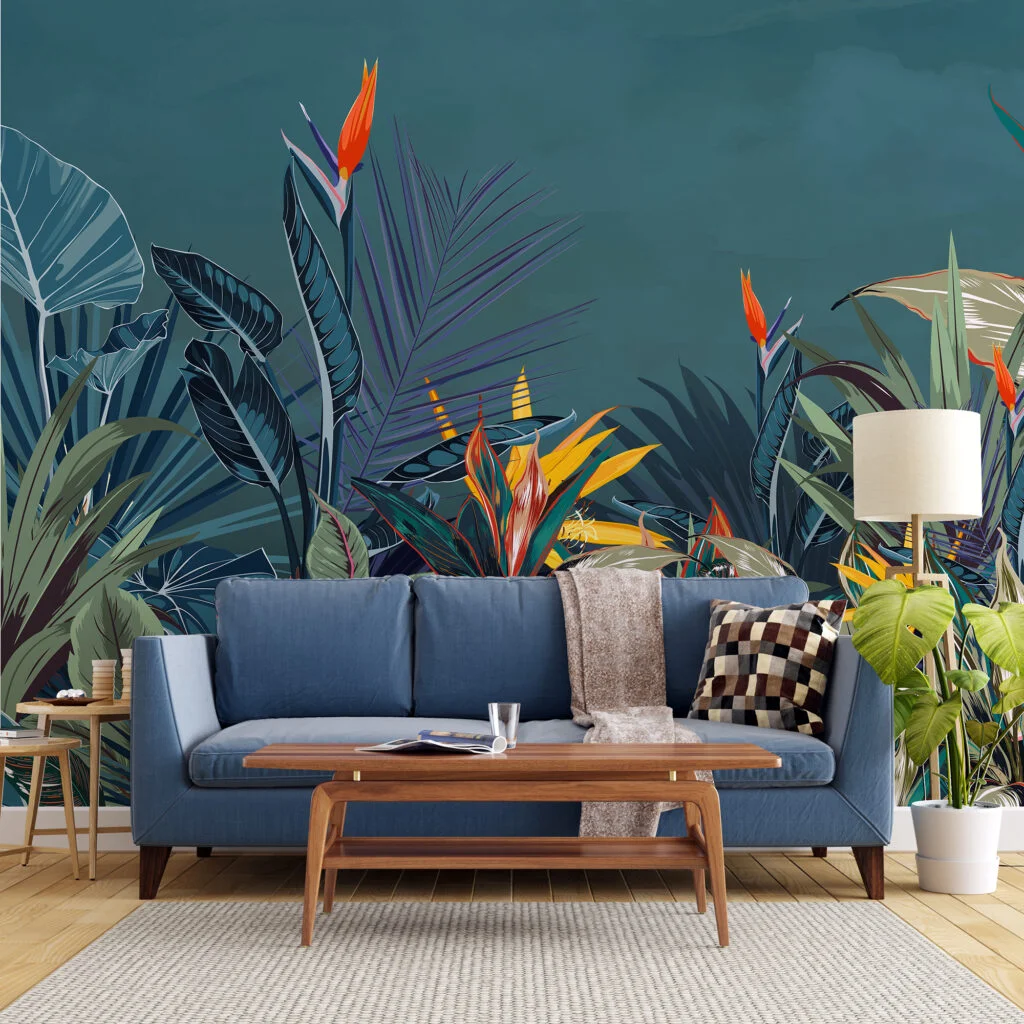 Large Tropical Illustration With A Blue Background Wallpaper, Vibrant Tropical Foliage Peel & Stick Wall Mural