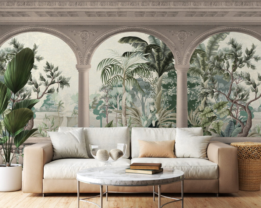 Antique Balcony With A Tropical View Wallpaper, Timeless Elegant Palm Tree Landscape Peel & Stick Wall Mural