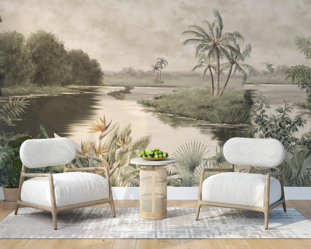 Vintage Tropical Riverside Wallpaper, Soft Tropical River Landscape Illustration Peel & Stick Wall Mural