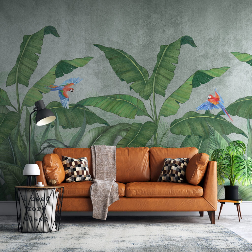Enchanting Banana Leaves Wallpaper, Large Tropical Leaves With Parrots Peel & Stick Wall Mural
