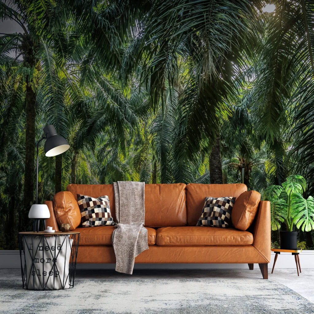 Sunlit Palm Forest Garden Wallpaper, Lush Tropical Palm Tree Plantation Peel & Stick Wall Mural