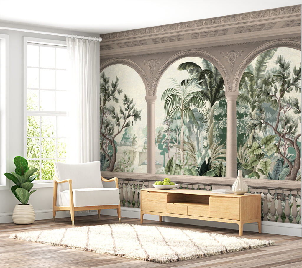 Antique Balcony With A Tropical View Wallpaper, Timeless Elegant Palm Tree Landscape Peel & Stick Wall Mural