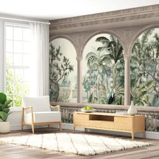 Antique Balcony With A Tropical View Wallpaper, Timeless Elegant Palm Tree Landscape Peel & Stick Wall Mural