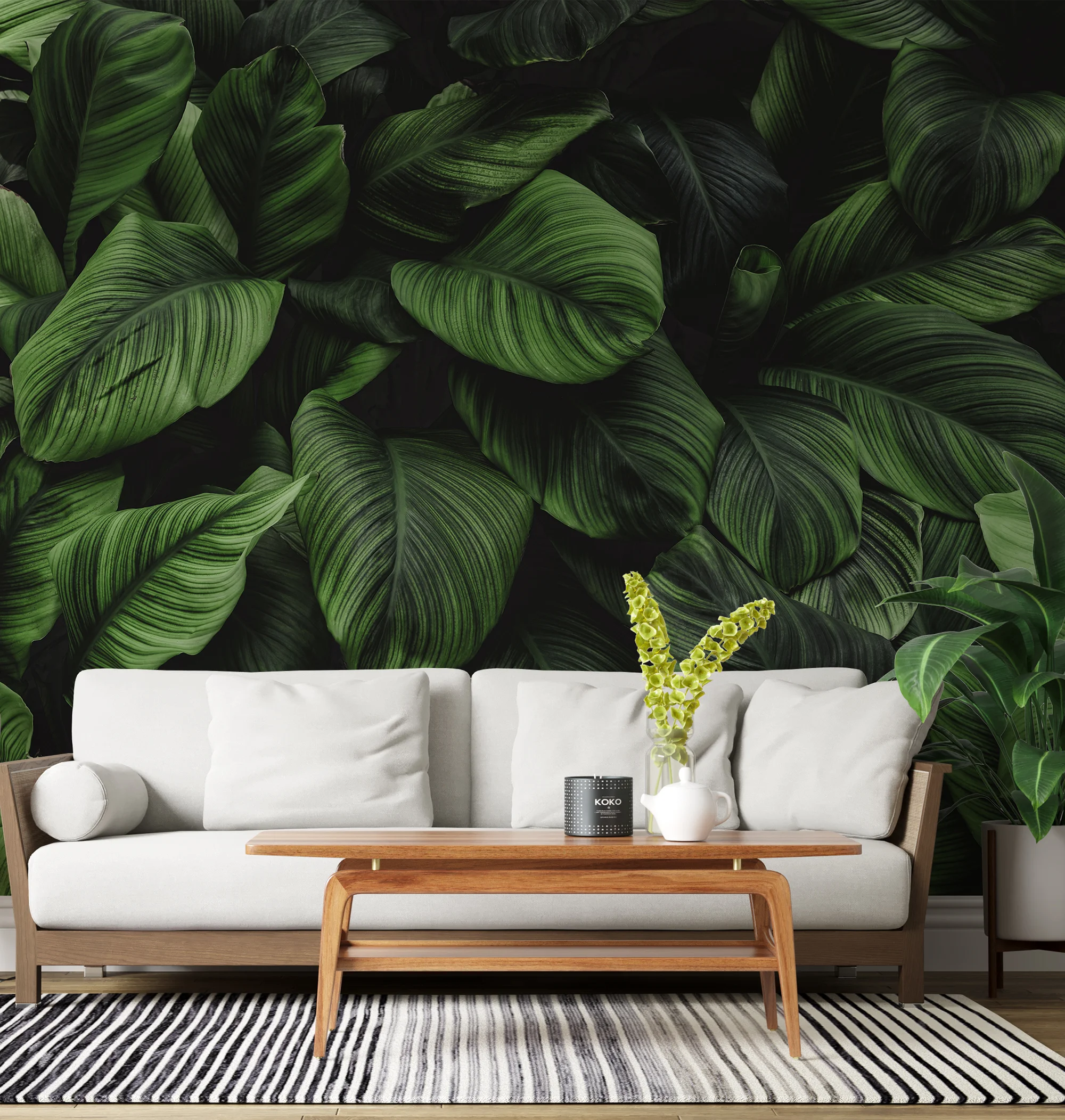 Lush Dark Botanical Leaf Wallpaper, Large Tropical Pine Forest Leaves Peel & Stick Wall Mural