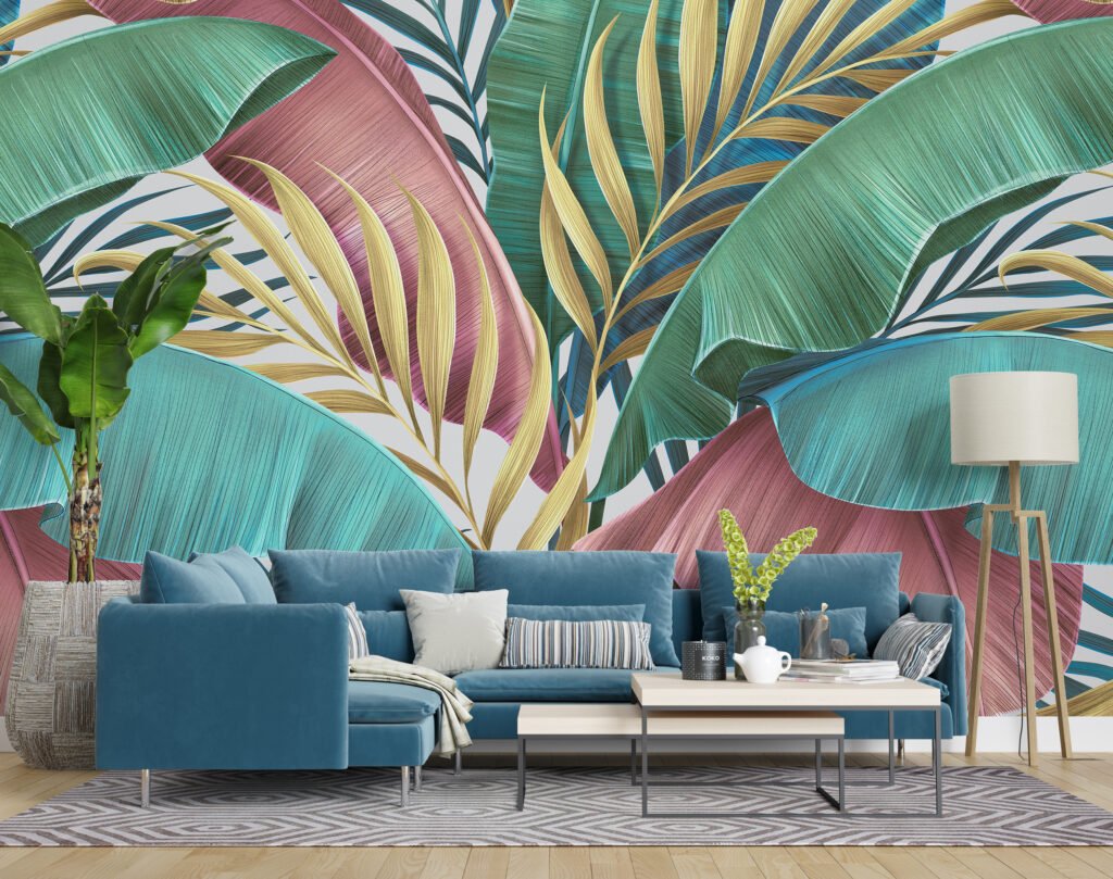 Artistic Pastel Large Colorful Leaves With Line Art Wallpaper, Tropical Leaves Design Peel & Stick Wall Mural