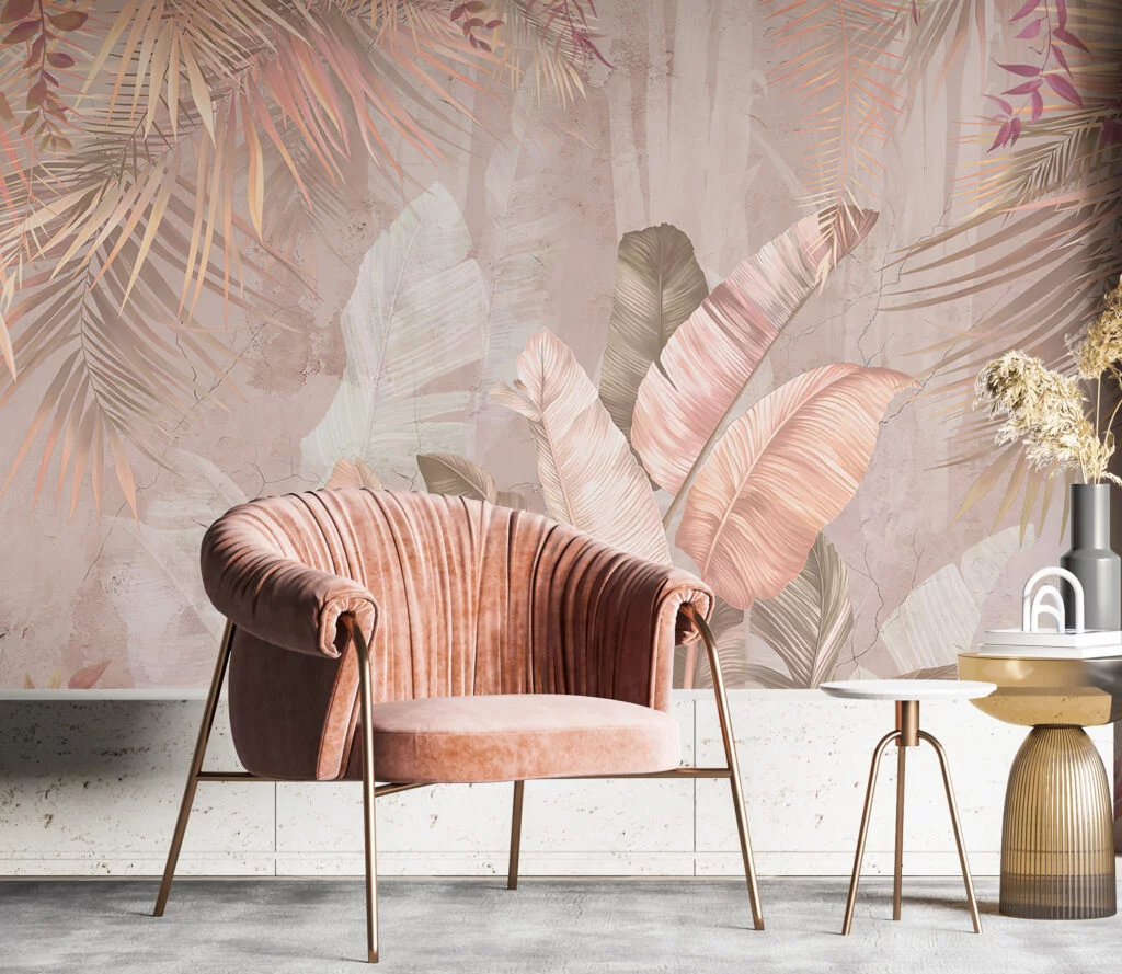 Pastel Peach Banana Leaves Wallpaper, Blush Elegance Foliage Large Tropical Leaves Peel & Stick Wall Mural