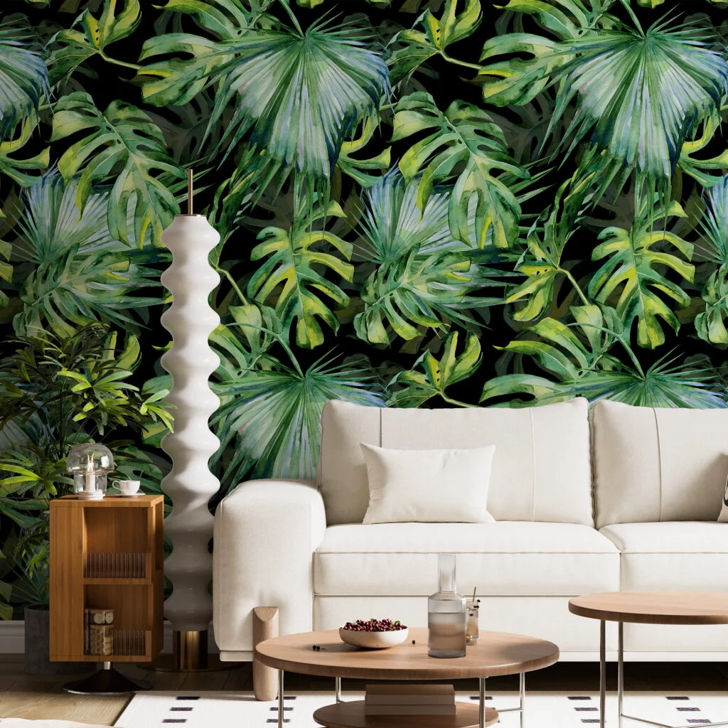 Watercolor Vibrant Jungle Foliage With A Black Background Wallpaper, Large Tropical Leaf Peel & Stick Wall Mural