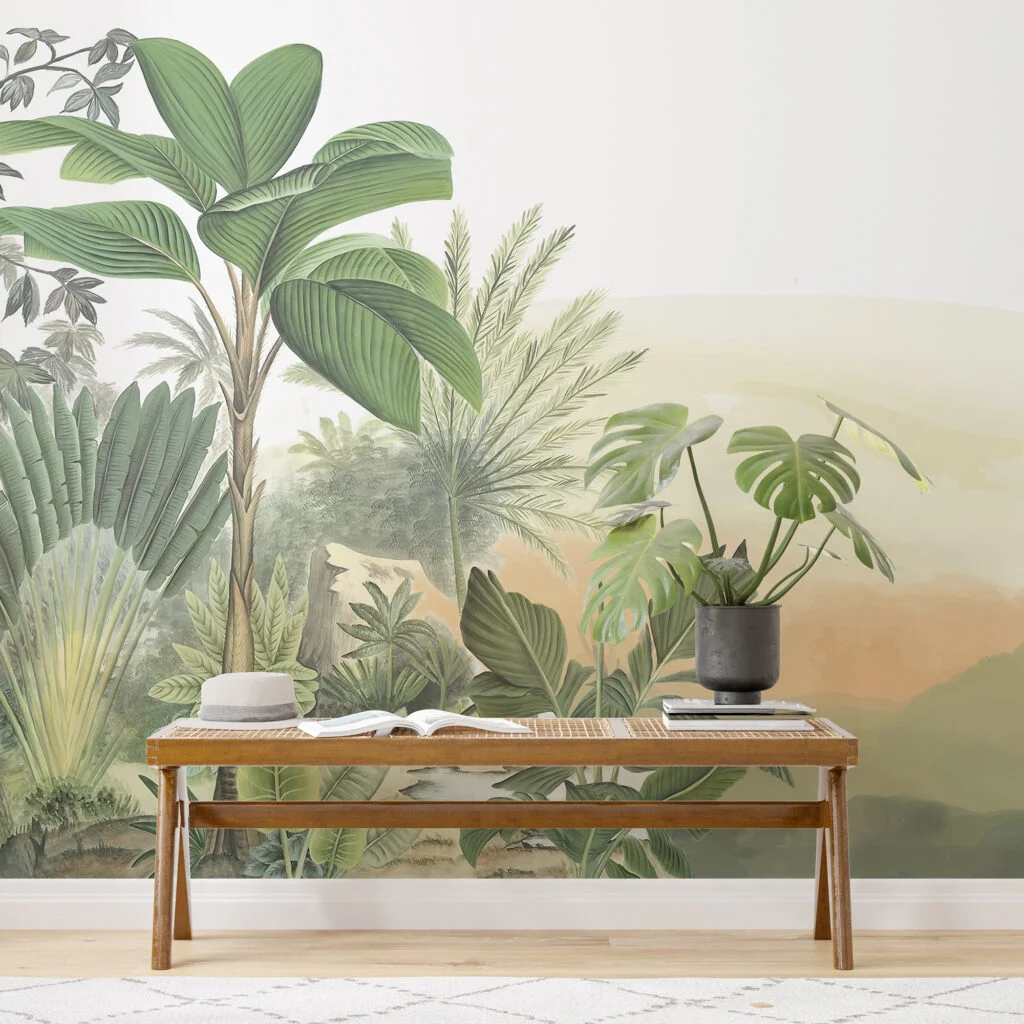 Soft Drawn Tropical Leaves Wallpaper, Sunset Tropical Retreat Illustration Peel & Stick Wall Mural