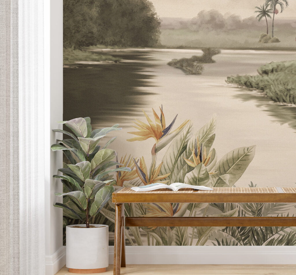 Vintage Tropical Riverside Wallpaper, Soft Tropical River Landscape Illustration Peel & Stick Wall Mural