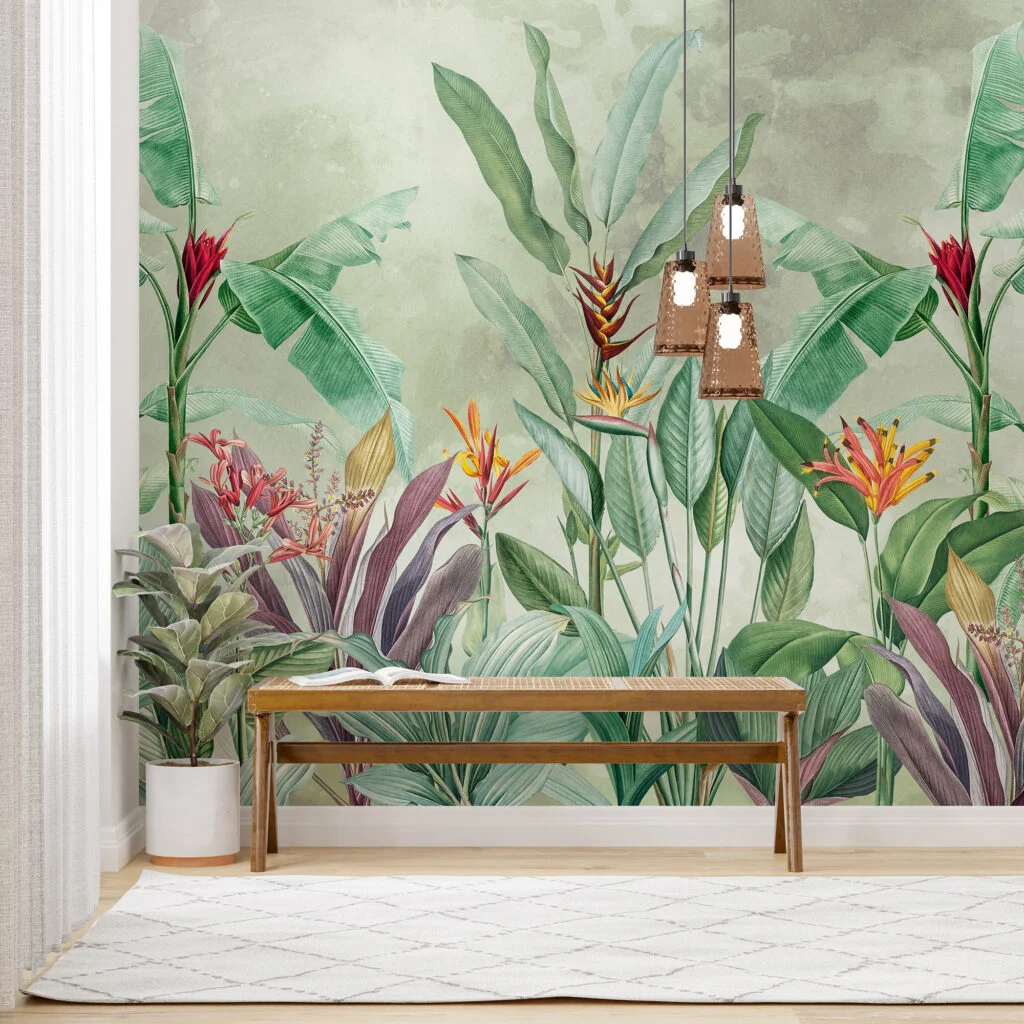 Large Vintage Colorful Botanical Plants Wallpaper, Artful Tropical Leaves And Plants Peel & Stick Wall Mural