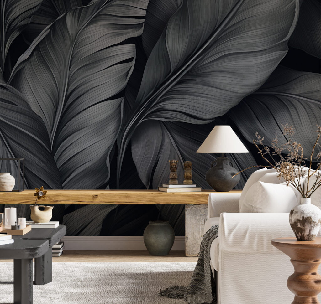 Large Dark Grey Colored Tropical Leaves Wallpaper, Monochrome Leaf Design Peel & Stick Wall Mural