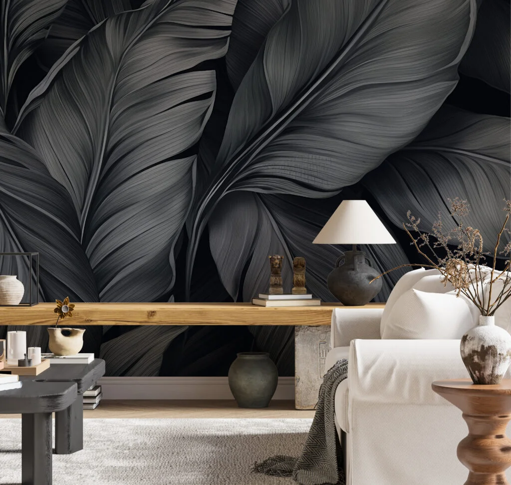 Large Dark Grey Colored Tropical Leaves Wallpaper, Monochrome Leaf Design Peel & Stick Wall Mural