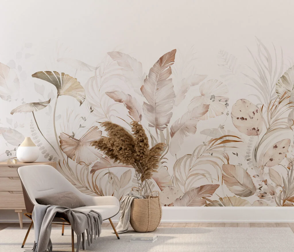 Ethereal Beige Botanical Leaf Wallpaper, Watercolor Effect Natural Leaves Peel & Stick Wall Mural