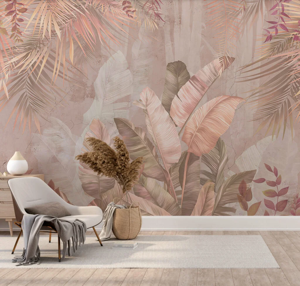 Pastel Peach Banana Leaves Wallpaper, Blush Elegance Foliage Large Tropical Leaves Peel & Stick Wall Mural