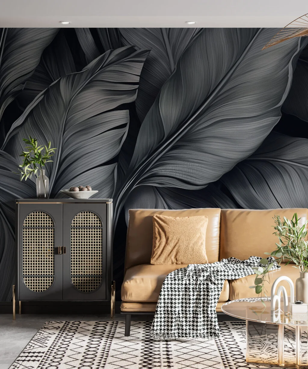 Large Dark Grey Colored Tropical Leaves Wallpaper, Monochrome Leaf Design Peel & Stick Wall Mural