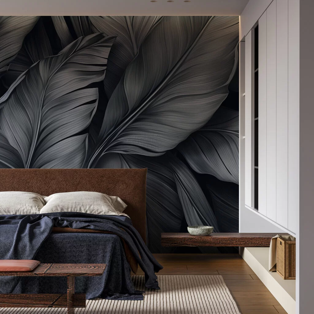 Large Dark Grey Colored Tropical Leaves Wallpaper, Monochrome Leaf Design Peel & Stick Wall Mural