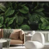 Lush Dark Botanical Leaf Wallpaper, Large Tropical Pine Forest Leaves Peel & Stick Wall Mural