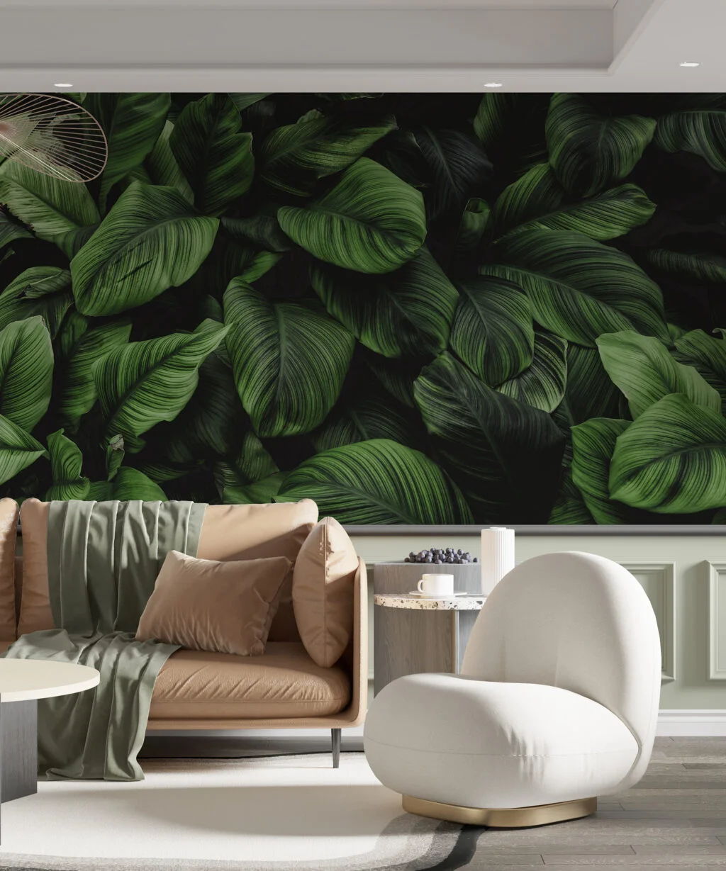 Lush Dark Botanical Leaf Wallpaper, Large Tropical Pine Forest Leaves Peel & Stick Wall Mural