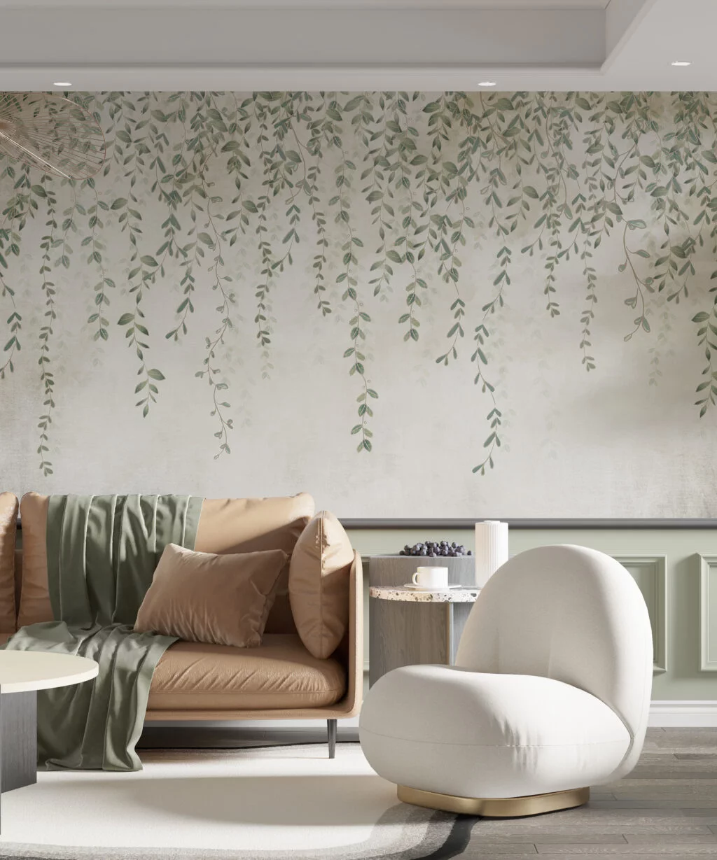 Tranquil Hanging Vines Illustration Wallpaper, Soft Backdrop With Leaves Peel & Stick Wall Mural