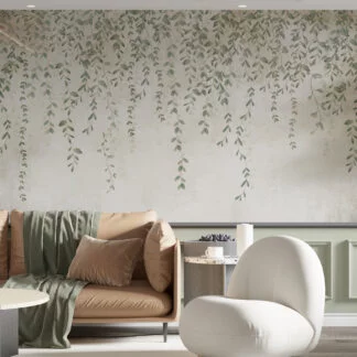 Tranquil Hanging Vines Illustration Wallpaper, Soft Backdrop With Leaves Peel & Stick Wall Mural