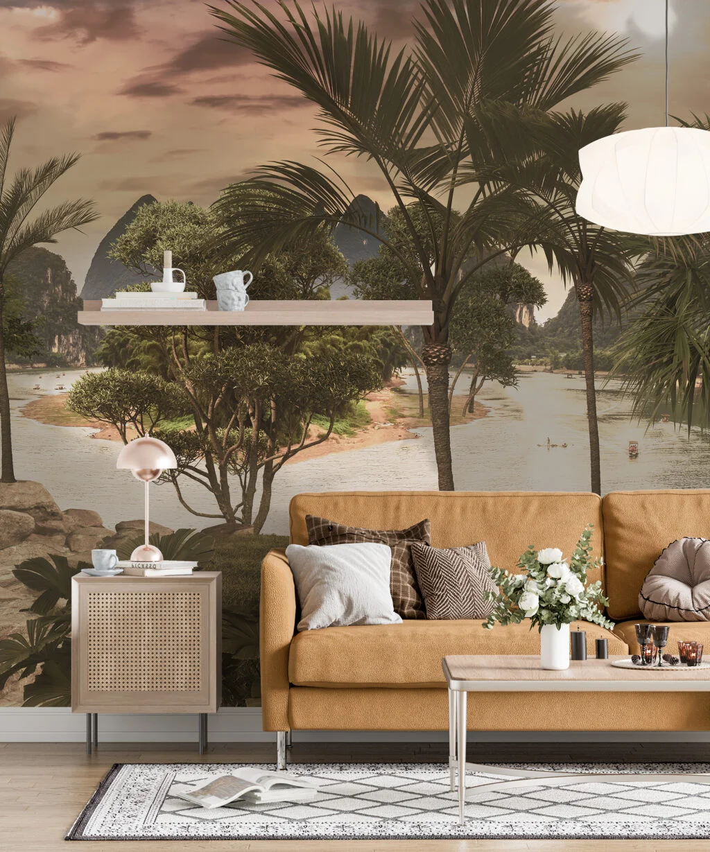 Sunset Palms Riverside Wallpaper, Exotic Landscape Tropical Trees Peel & Stick Wall Mural